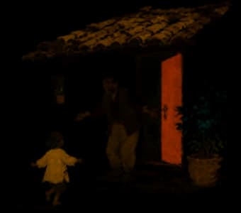 Un habitant accueille un enfant devant sa maison